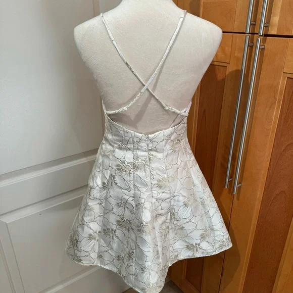 LULUS.Shiny Ivory & Gold Jacquard Mini Dress. Size S. Adjustable Straps. - Picture 5 of 10